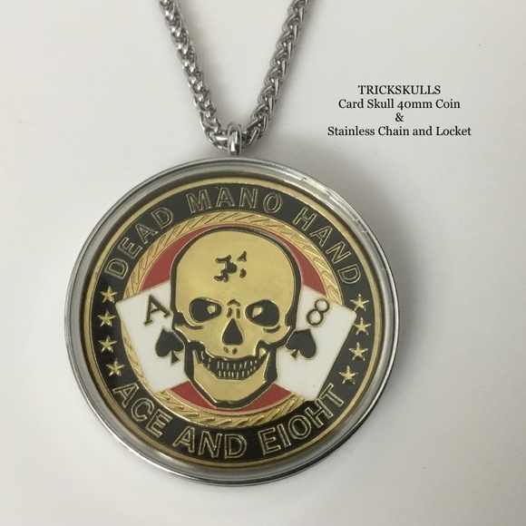 Card Guard Skeleton Skull Enamel Coin Stainless Locket 45-60cm Wheat Link Chain - Picture 1 of 8